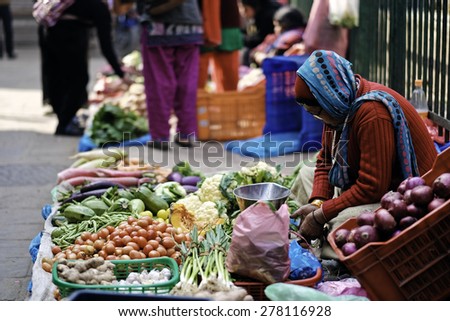 KATHMANDU, NEPAL - FEBRUARY 18, 2015 : Local people on the street sell local vegetable in Kathmandu. The basic branch of economy in Nepal is agriculture (76 % of working population).