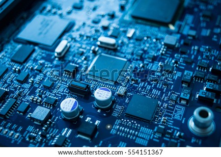 Technology background with computer processors CPU concept blue circuit board background