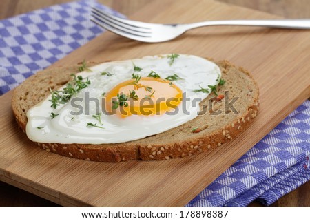 Fried egg on wholemeal bread with garden cress on a wooden plate