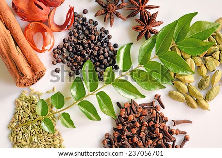 Assorted Spices of Kerala. Cinnamon, pepper, clove, star anise, cumin, cardamom, nutmeg and curry leaves form integral ingredients of Malayalee cuisine. They add to the appetizing flavor of curries.