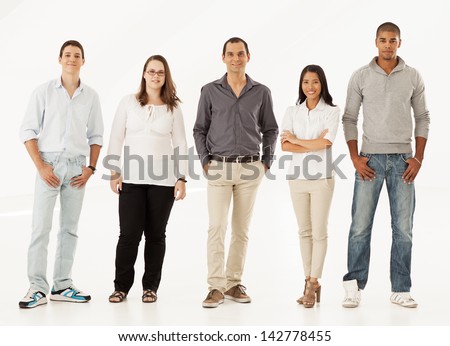 Five different people standing in a row Five different people standing in a row