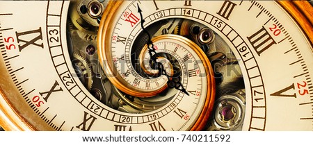 Antique old clock abstract fractal spiral. Watch classic clock mechanism unusual abstract texture repetitive pattern background. Old fashion clocks roman arabic numerals clock hands Abstract spiral