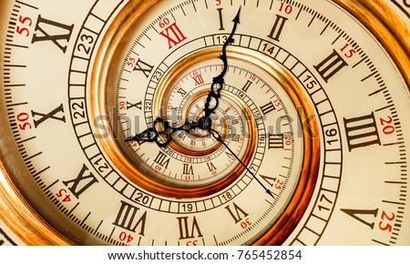 Antique old clock abstract fractal spiral. Watch clock mechanism unusual abstract texture fractal pattern background. Golden old fashion clock dial with roman and arabic numerals. Clock hands pointers