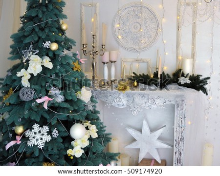 Christmas decor, Christmas Background, fireplace, Christmas tree. Christmas card.