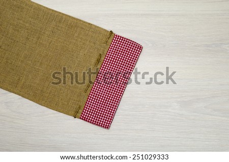 Wood and sackcloth texture/Cookbook background. Wood Table with jute coarse grain canvas texture