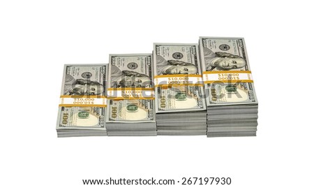Money, 100 dollar bills stacked in a pyramid - isolated on white background
