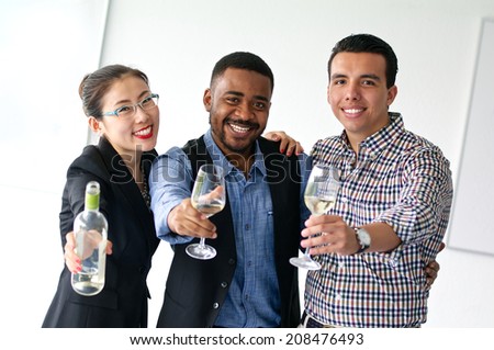 black, white and chinese business people with white wine 02