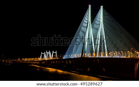 Sea Link in Mumbai, India at night (image cropped to give panoramic effect)