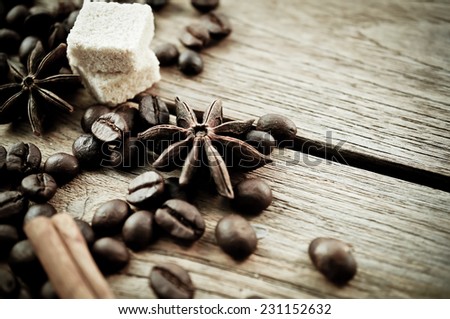 coffee beans, brown sugar on wood table