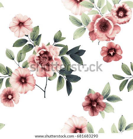 Petunia and peonies in shades of pale pink with green leaves