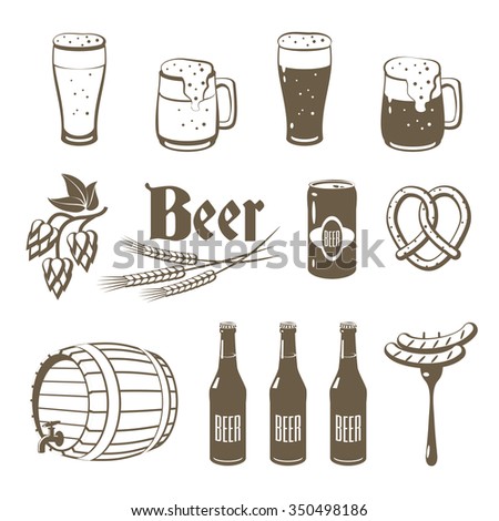 Set of monochrome, lineart food icons: beer - light and dark beer, mugs, bottles, hop cones, barley, beer keg, pretzel and sausages. Vector illustration, isolated on white, eps 10.
