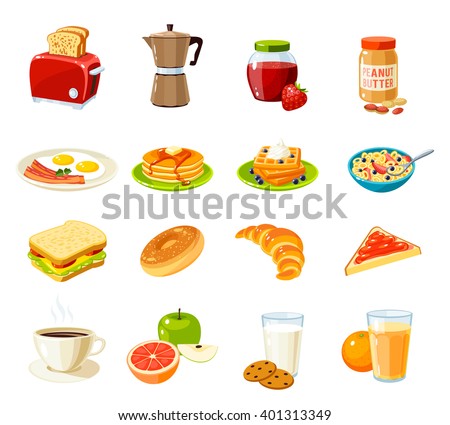 Set of cartoon food: breakfast. Toaster/coffee pot/jam/peanut butter/fried eggs and bacon/pancakes/waffles/cornflakes/sandwich/bun/croissant/fruits/juice and so. Vector illustration isolated on white.