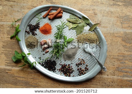 Metal tray with herbs and spices. Natural aromatic ingredients.
