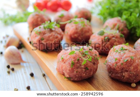 Fresh raw meat balls with herbs