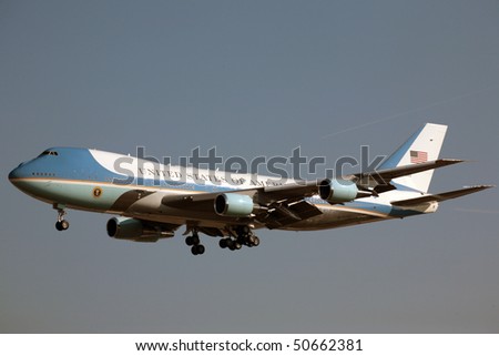PRAGUE - APRIL 8: Air Force One lands on April 8. 2010 in Prague. President Obama is expected to sign strategic agreement \'START\' between US and Russia.
