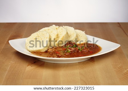 Goulash meal with Czech dumplings ready to eat for price of one Euro made for fast food chains