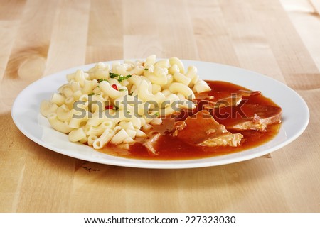 Pork meat meal with pasta ready to eat for price of one Euro made for fast food chains