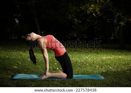 Freshly pregnant lady exercising yoga in autumn park