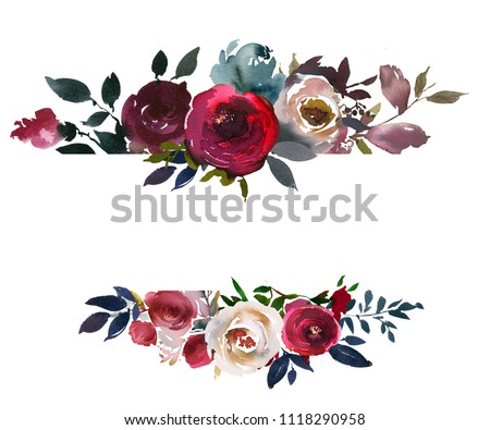 Watercolor Floral Bouquet Burgundy Bordo Red Navy Blue Roses Peonies Leaves Isolated On White Background