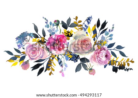 Watercolor floral wreath gentle pink roses peony flowers and navy leaves isolated on white background.