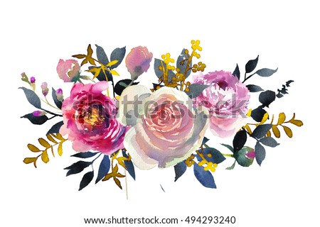 Watercolor floral bouquet pink roses peony flowers and navy leaves isolated on white background.