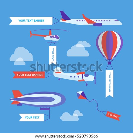 Air Vehicles Banners Set with Empty Ribbons for Your Text on Sky. Flat Design Style. Vector illustration