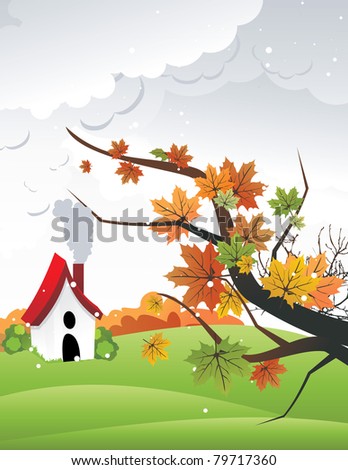 leaves with a house in the landscape behind vector