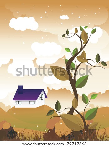leaves with a house in the landscape behind vector