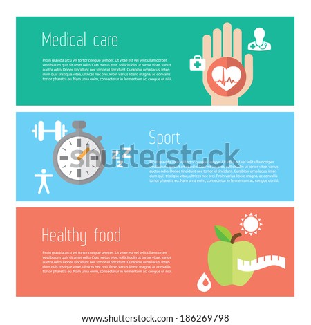 Healthy lifestyle flat stylish illustration banners set. Medicine and health care, food and sport theme. Modern colors. Vector illustration. Layered file with place for text