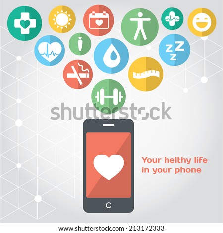 Your healthy life in your phone, health illustration. Vector modern flat design element