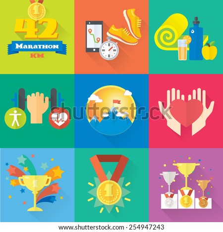 Health, lifestyle, champion set of colorful flat icons. Health care, success and winning.\
Vector illustration and design element