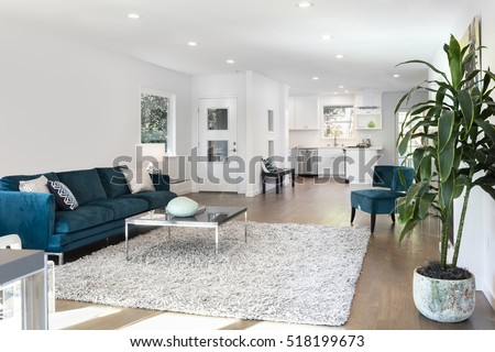 Beautiful large living room interior with hardwood floors, fluffy rug and designer furniture.