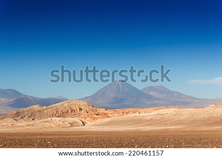 Desert Volcano at Atacama, Chile. The Atacama Desert is a plateau in South America, covering a 1,000-kilometre (600 mi) strip of land on the Pacific coast, west of the Andes mountains.