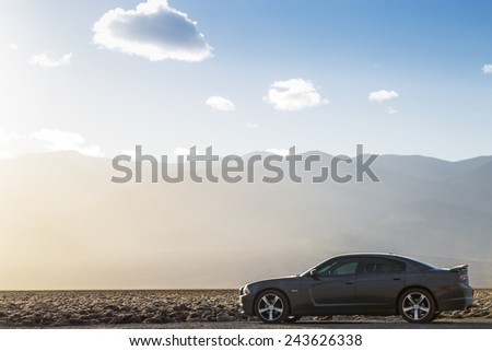 Death Valley, California, USA - December 25, 2014: Dodge Charger on the desert.