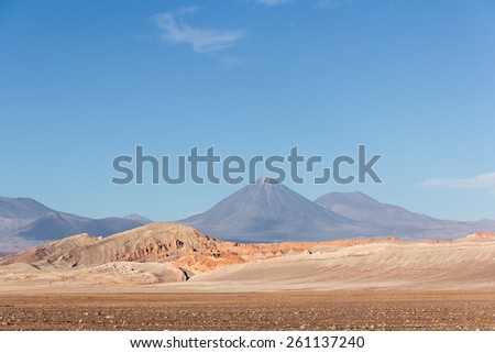 Licancabur Volcano at Atacama, Chile. The Atacama Desert is a plateau in South America, covering a 1,000-kilometre (600 mi) strip of land on the Pacific coast, west of the Andes mountains.