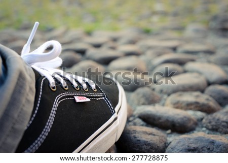 BOLOGNA, ITALY - May 5, 2015: Vans Shoes. Illustrative image of a black and white Vans Shoe.