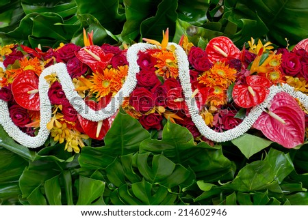 Gardenia, red roses and gree leaf, Thai style fresh flower decoration