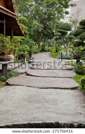 Huge wood path in the garden. The path in the garden.
