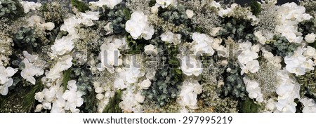 Beautiful white flowers and leave background for wedding scene