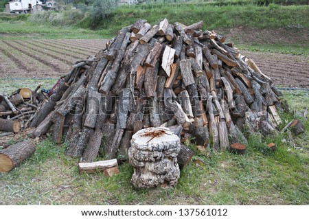 pile of logs ready to cut into small pieces