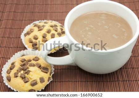 cup of chocolate muffins on a wooden background