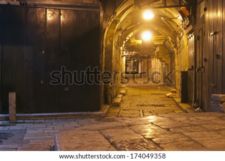 THE ARAB QUARTER, THE OLD TOWN, JERUSALEM, ISRAEL, DECEMBER 26, 2013. An alley in the night in the Arab Quarter of Jerusalem\'s old town, in Jerusalem, Israel, on December 26th, 2013.
