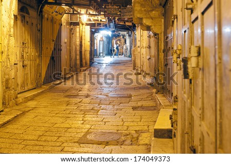 THE ARAB QUARTER, THE OLD TOWN, JERUSALEM, ISRAEL, DECEMBER 26, 2013. An alley in the night in the Arab Quarter of Jerusalem\'s old town, in Jerusalem, Israel, on December 26th, 2013.