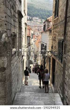 DUBROVNIK, CROATIA, MAY 22, 2011. Narrow streets with strairs in the town of Dubrovnik. in Dubrovnik, Croatia, on May 22nd, 2011.