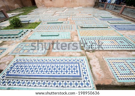 SAADIAN TOMBS PALACE, MARRAKECH, MOROCCO, MAY 11, 2014. Tombs decorated with colourful mosaic in the yard of the Saadian Tombs Palace,  Marrakech, Morocco, on May 11th, 2014.