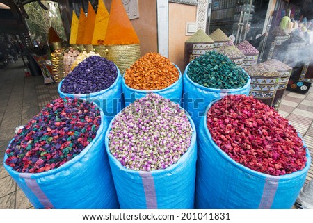 MARRAKECH, MOROCCO, MAY 11, 2014. Big bags of spices, herbs and tea for sale in a bazar in Marrakech, Morocco, on May 11th, 2014.