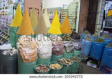 MARRAKECH, MOROCCO, MAY 11, 2014. Perfume cubes and spices for sale in a bazar in Marrakech, Morocco, on May 11th, 2014.
