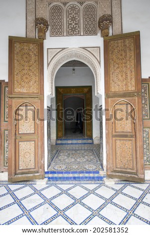 BAHIA PALACE, MARRAKECH, MOROCCO, MAY 11, 2014. A decorated doorway into one of the halls of Bahia, in Marrakech, Morocco, on May 11th, 2014.