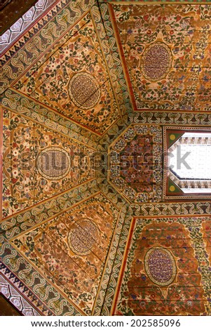 BAHIA PALACE, MARRAKECH, MOROCCO, MAY 11, 2014. Decorated ceiling in one of the halls in Bahia Palace, in Marrakech, Morocco, on May 11th, 2014.