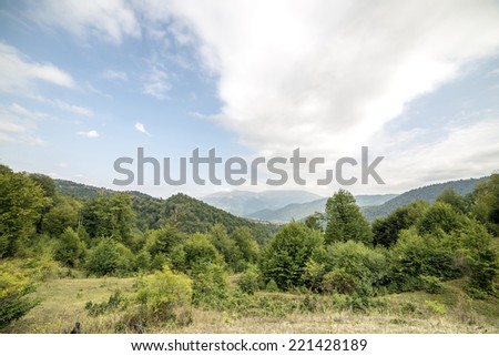 An idyllic view into a valley of mountains with trees and a cloudy sky above.